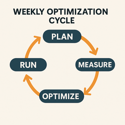 Infographic showing a circular five-step cycle: Plan → Run → Measure → Optimize → Repeat, representing best practices for improving Facebook ad conversions.
