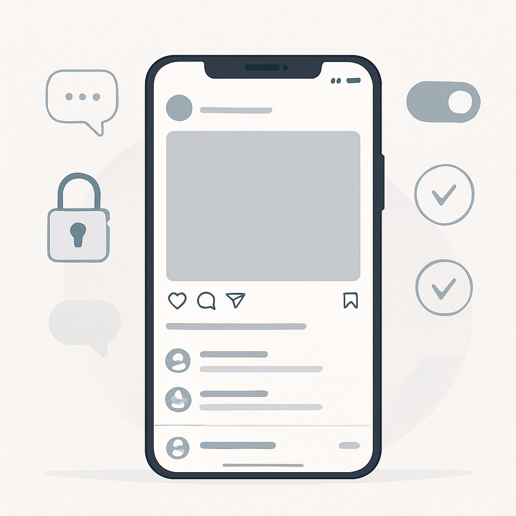 A smartphone showing an Instagram post with comments becoming visible, surrounded by icons representing unlocking and revealing comments.