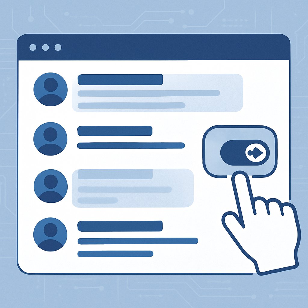 A digital interface showing social media comments with some hidden behind a filter and a hand interacting with a toggle to unhide comments.
