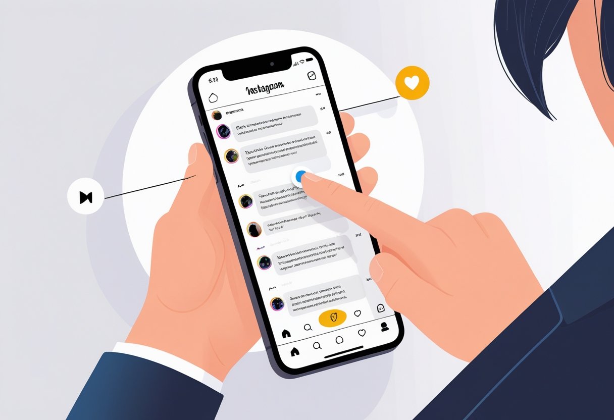 A person holding a smartphone showing an Instagram comment section, with a finger about to delete a comment.