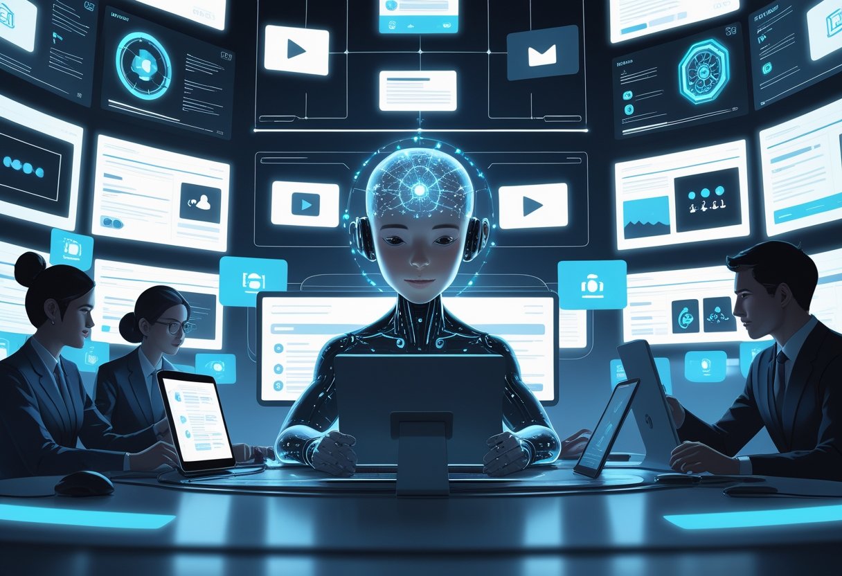 A humanoid AI and human moderators reviewing online content on digital screens in a modern control room.