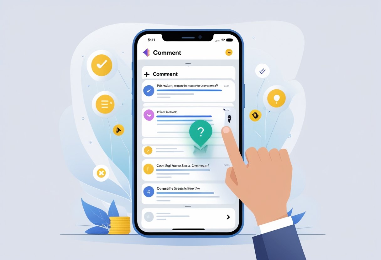 A smartphone showing the TikTok comment section with a user pinning a comment, surrounded by icons representing common issues and solutions.