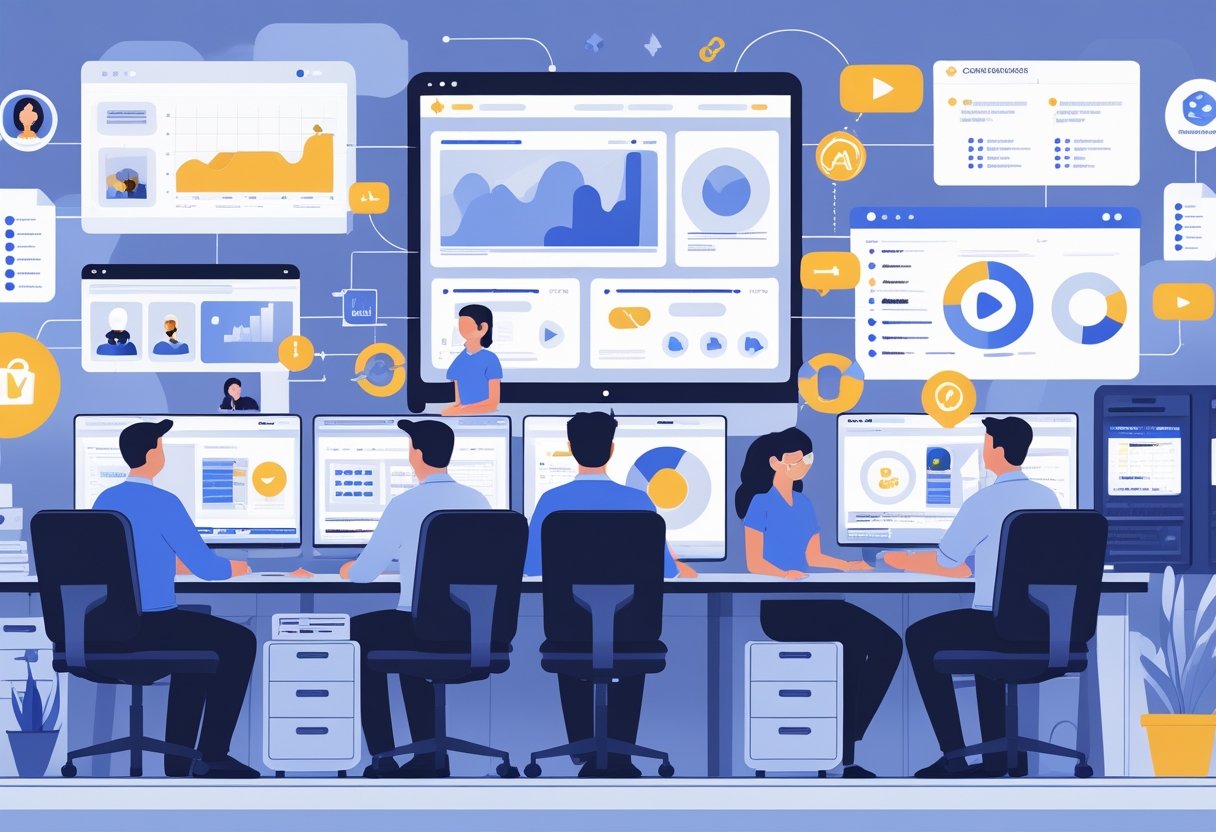 A team of moderators working at computers and using AI tools to review and manage digital content in a modern office setting.