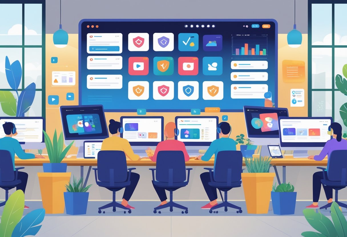 A team of diverse content moderators working at desks with multiple computer screens in a modern office, reviewing digital content and monitoring a large dashboard with content flags.