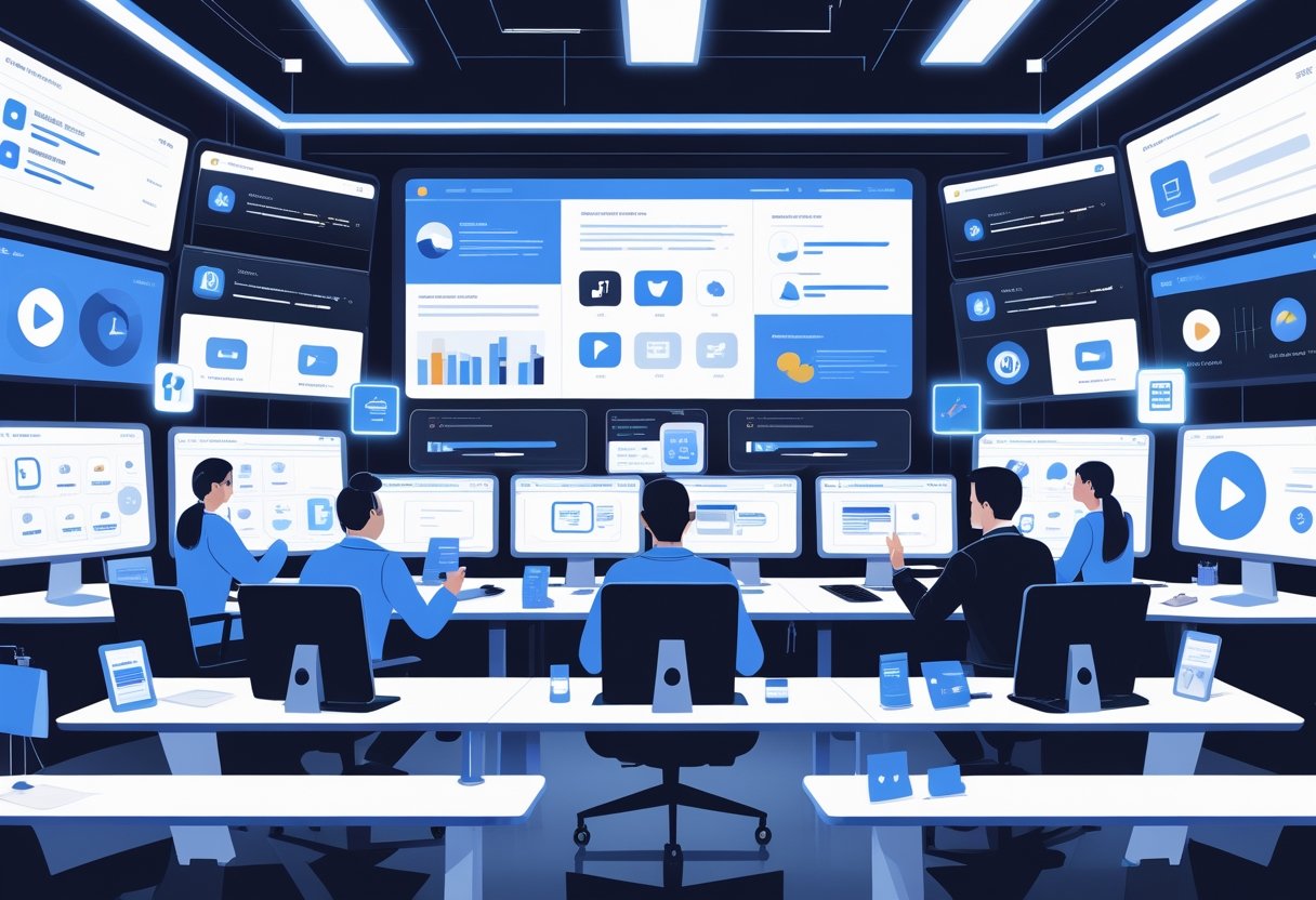A group of diverse professionals working at desks with multiple monitors, reviewing digital content in a modern control room.