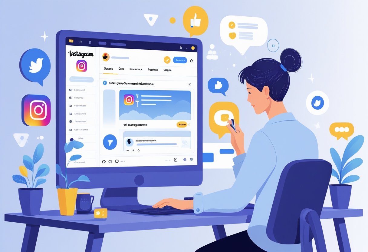 A person sitting at a desk using a computer showing an Instagram comment section with one comment highlighted, surrounded by social media icons.