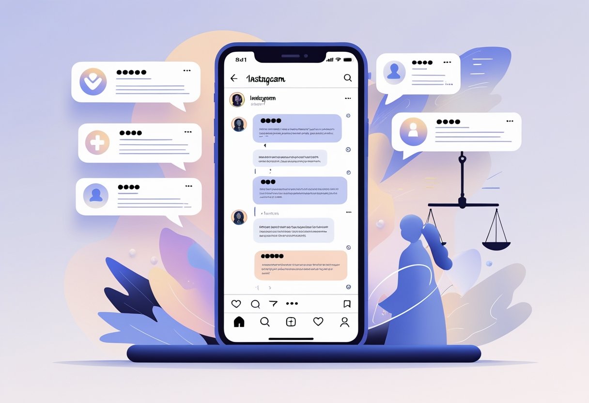 A smartphone displaying an Instagram post with visible and fading comment bubbles, surrounded by icons representing protection, censorship, and balance.