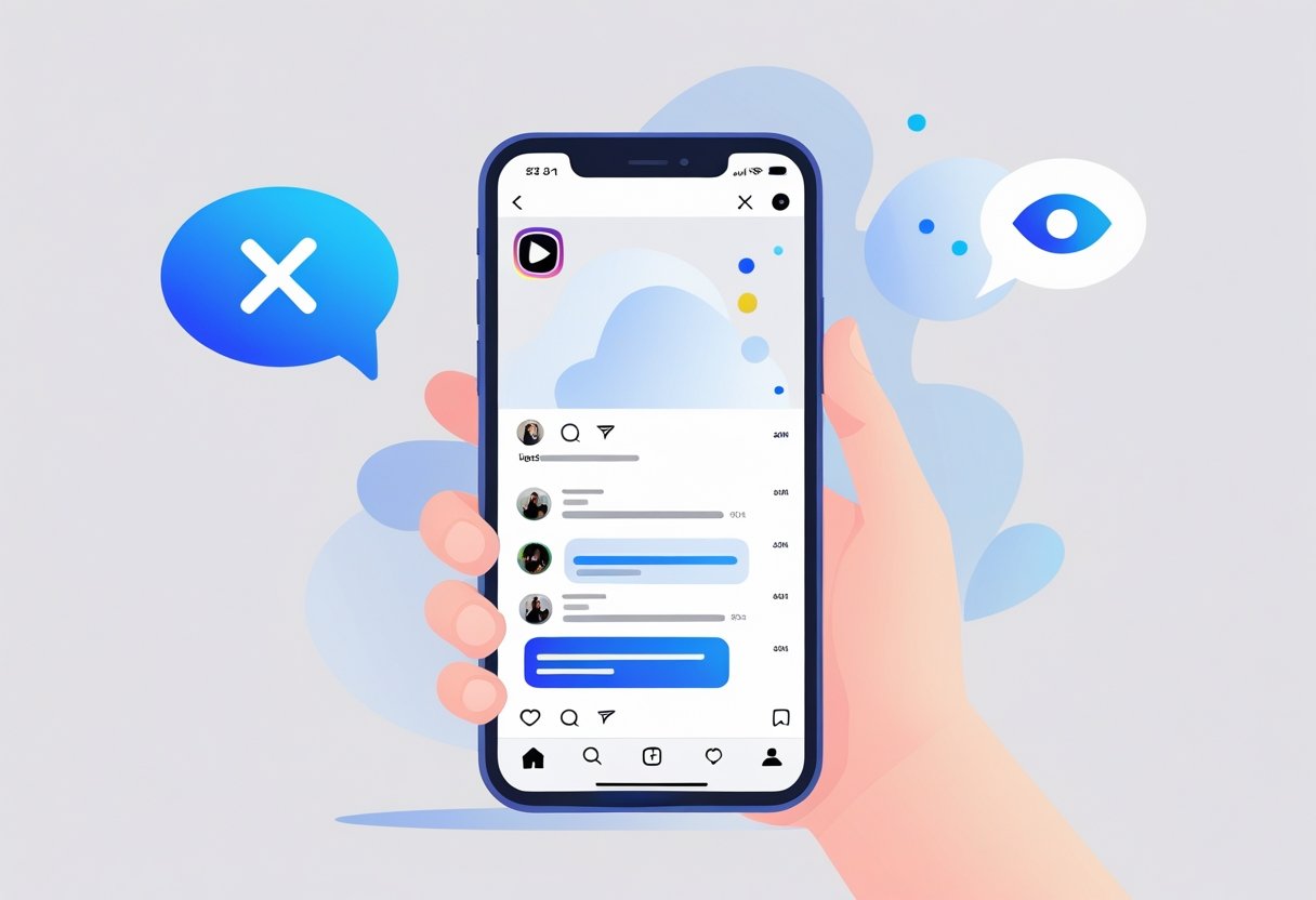 A hand holding a smartphone showing an Instagram post with some comments, one comment is blurred or obscured to indicate it is hidden.