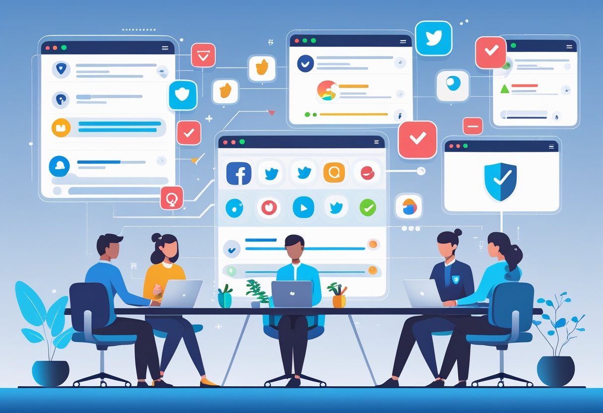 A team of people using laptops and tablets to review and manage social media content on multiple floating digital screens showing icons for comments, flags, and approvals.