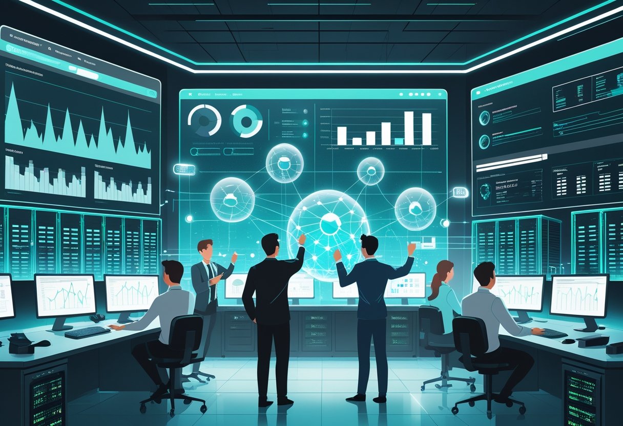 A control room with people monitoring digital screens showing data and network connections related to social media moderation tools.