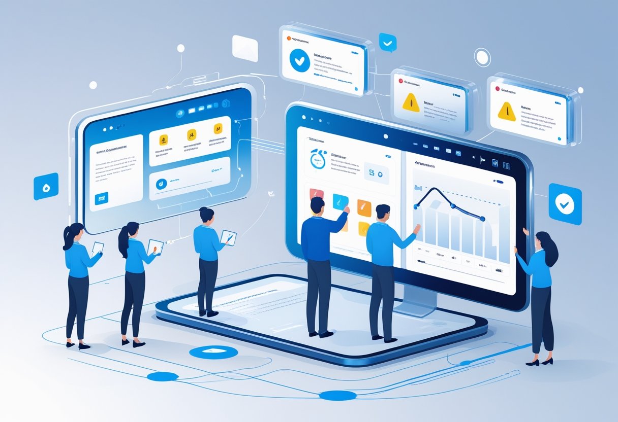 A digital workspace with multiple floating screens showing social media comments, flagged content, and analytics, with a diverse team interacting and monitoring the information.