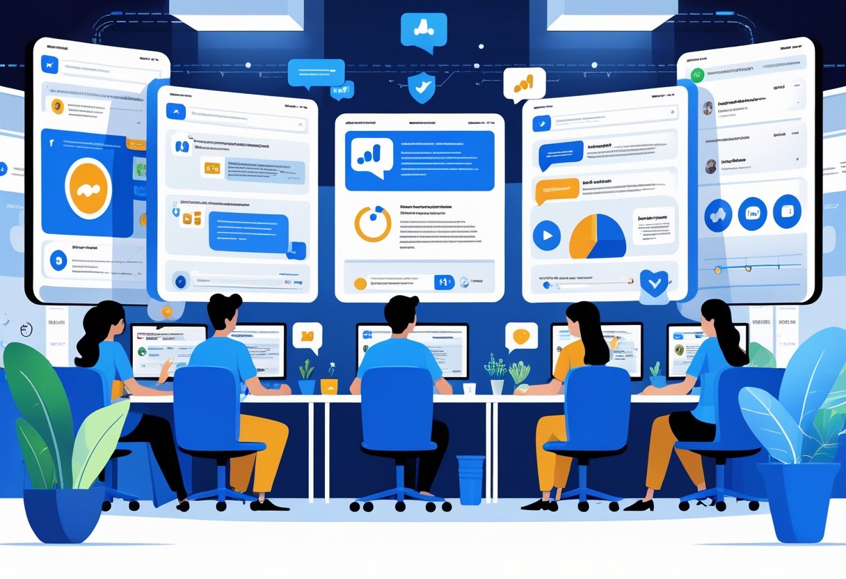 A team of diverse social media moderators working together in an office with large screens showing social media content and icons representing safety, communication, and efficiency.
