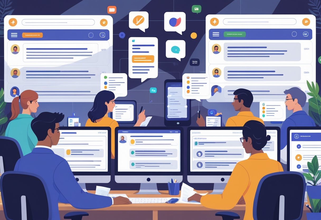 A team of moderators reviewing and categorizing social media comments on computer screens, with icons indicating different types of comments to moderate.