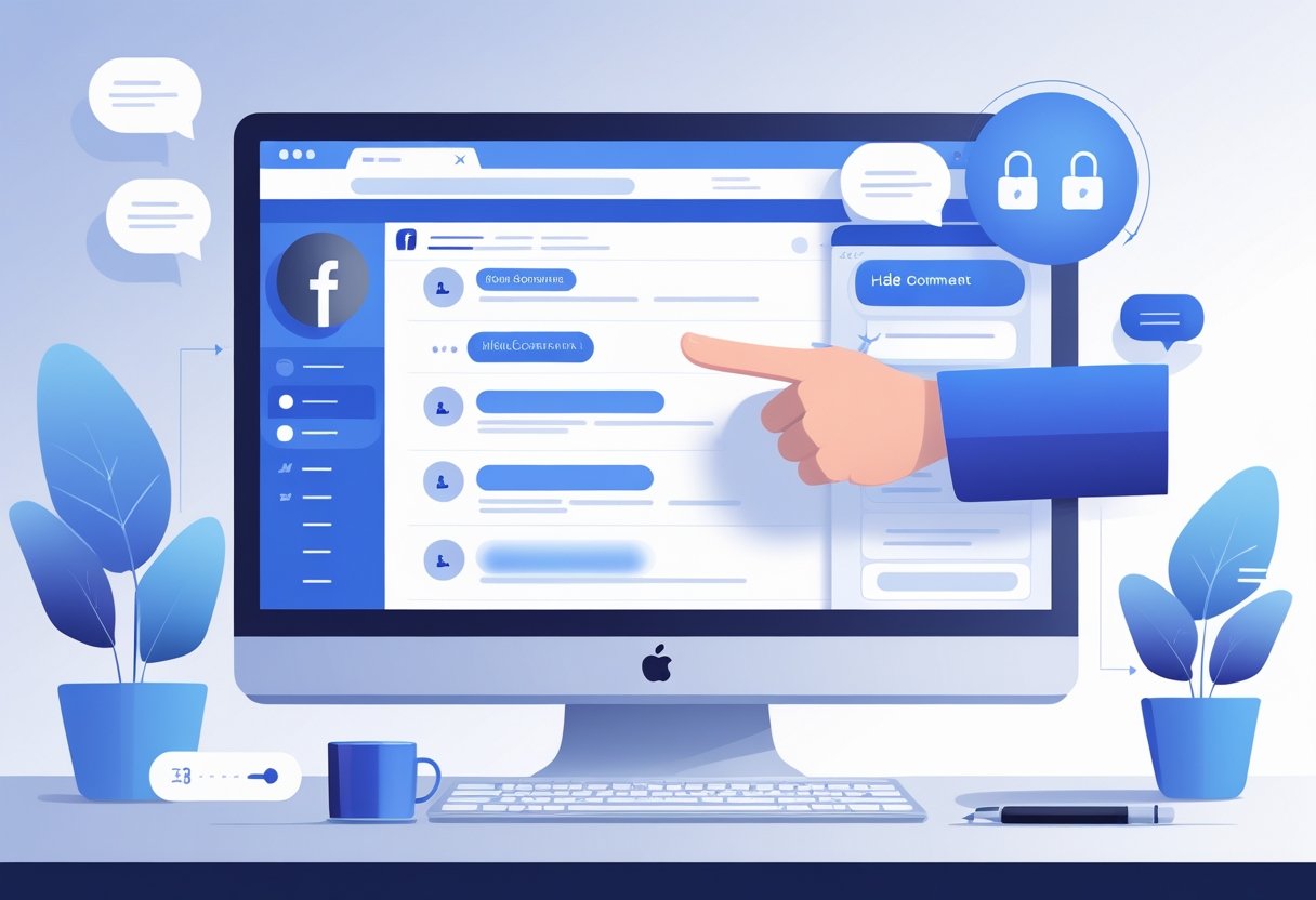 A computer screen showing a Facebook post with comments, one comment being hidden by selecting an options menu, illustrating the process of hiding comments.