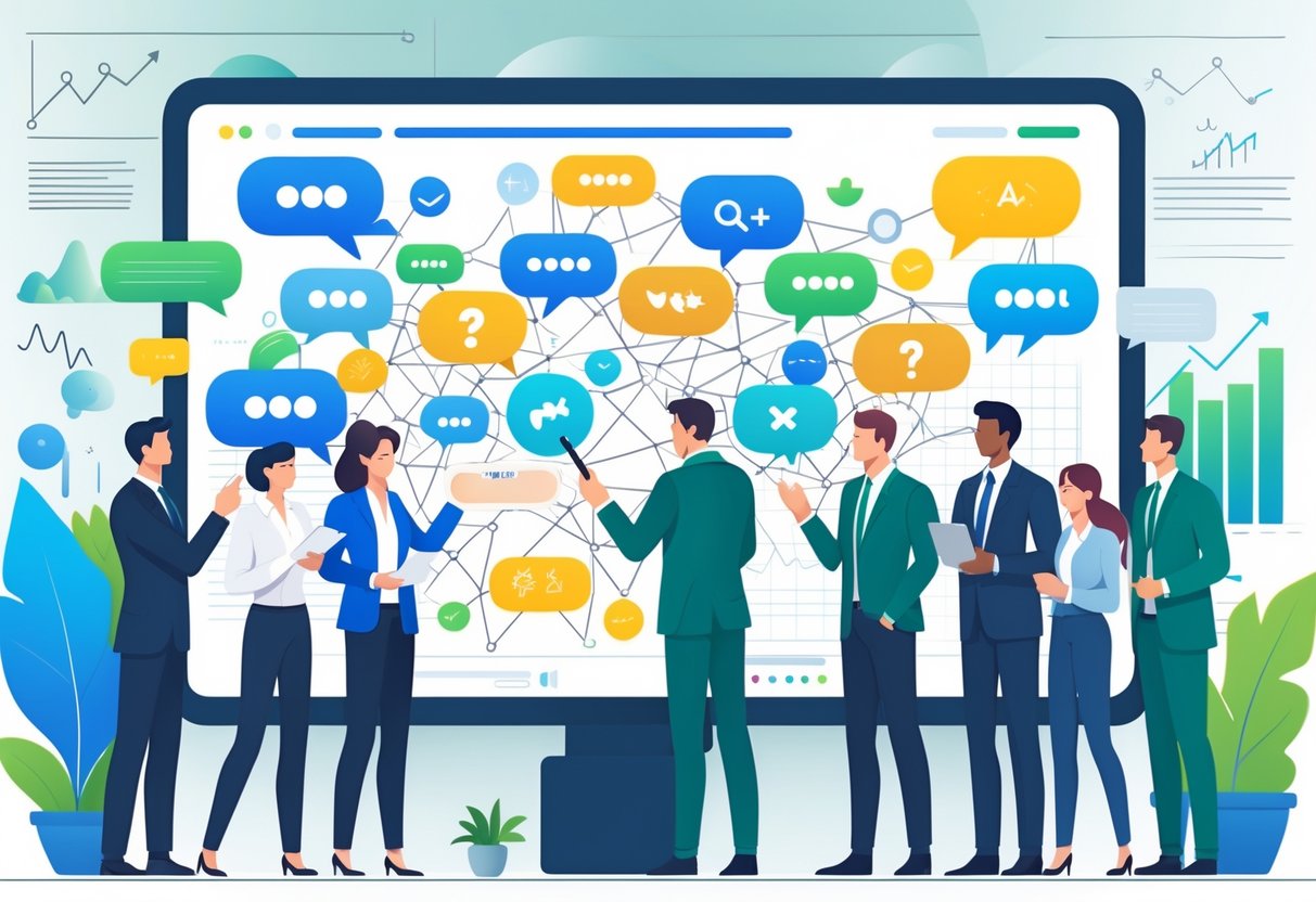 A group of business professionals analyzing colorful speech bubbles on a large screen, with graphs and arrows showing business growth in a modern office.