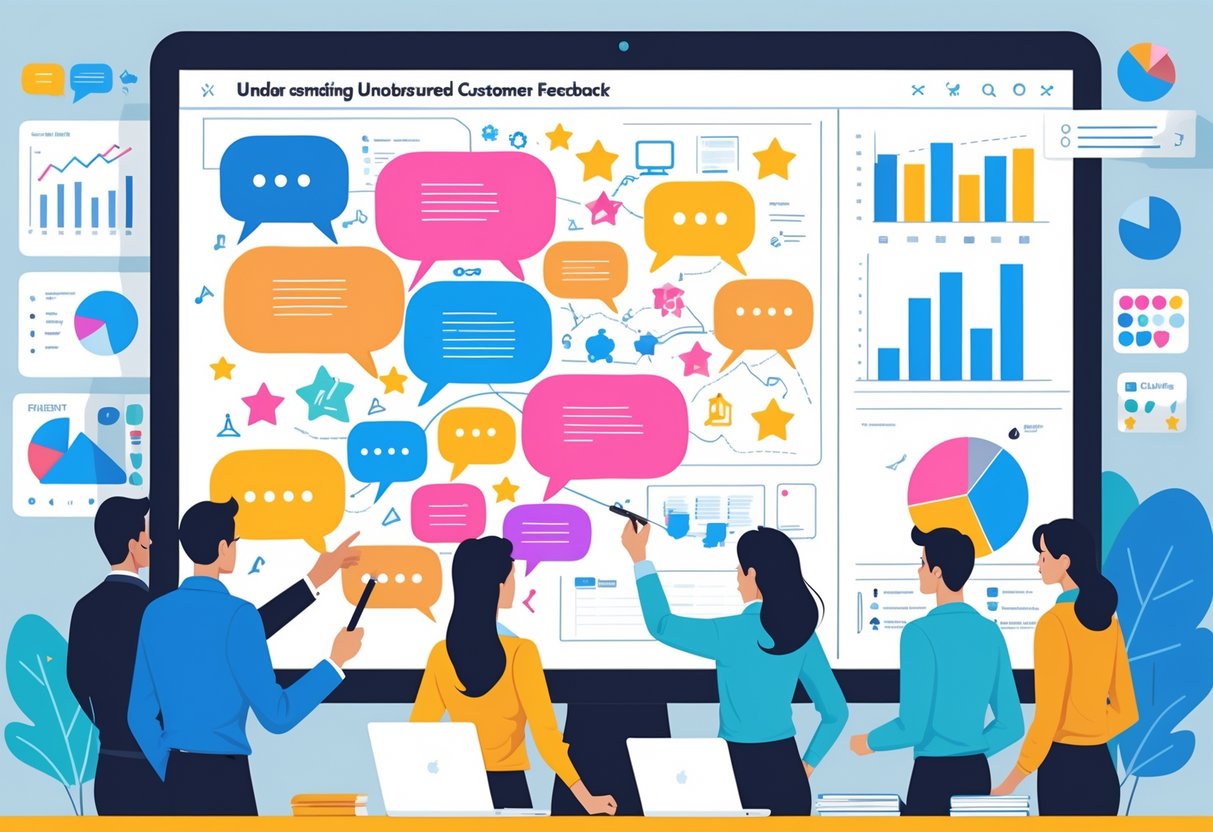 A group of professionals analyzing a large digital screen filled with colorful speech bubbles and icons, turning scattered customer feedback into clear insights in an office setting.
