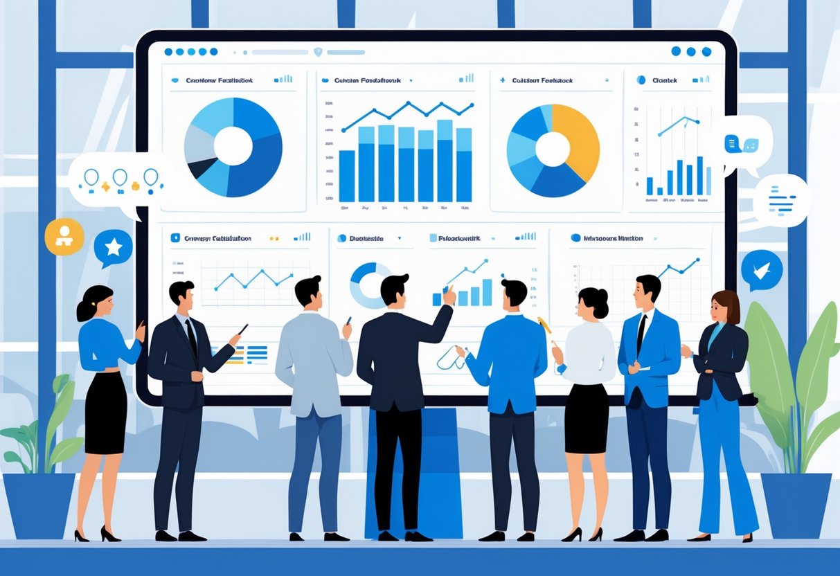 A group of professionals analyzing customer feedback data on a digital dashboard with charts and feedback icons in a modern office setting.