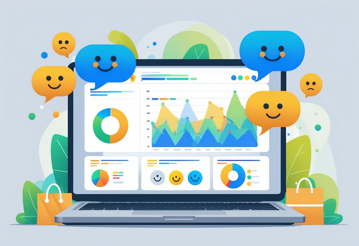 A laptop screen showing charts and emoticons representing positive, neutral, and negative customer feedback in an ecommerce setting with shopping carts and packages in the background.