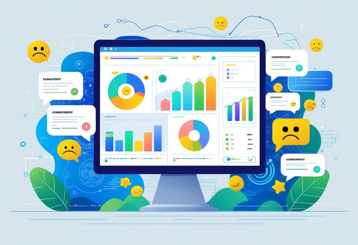 A computer screen showing graphs and sentiment icons surrounded by floating customer reviews and digital data streams representing sentiment analysis in ecommerce.
