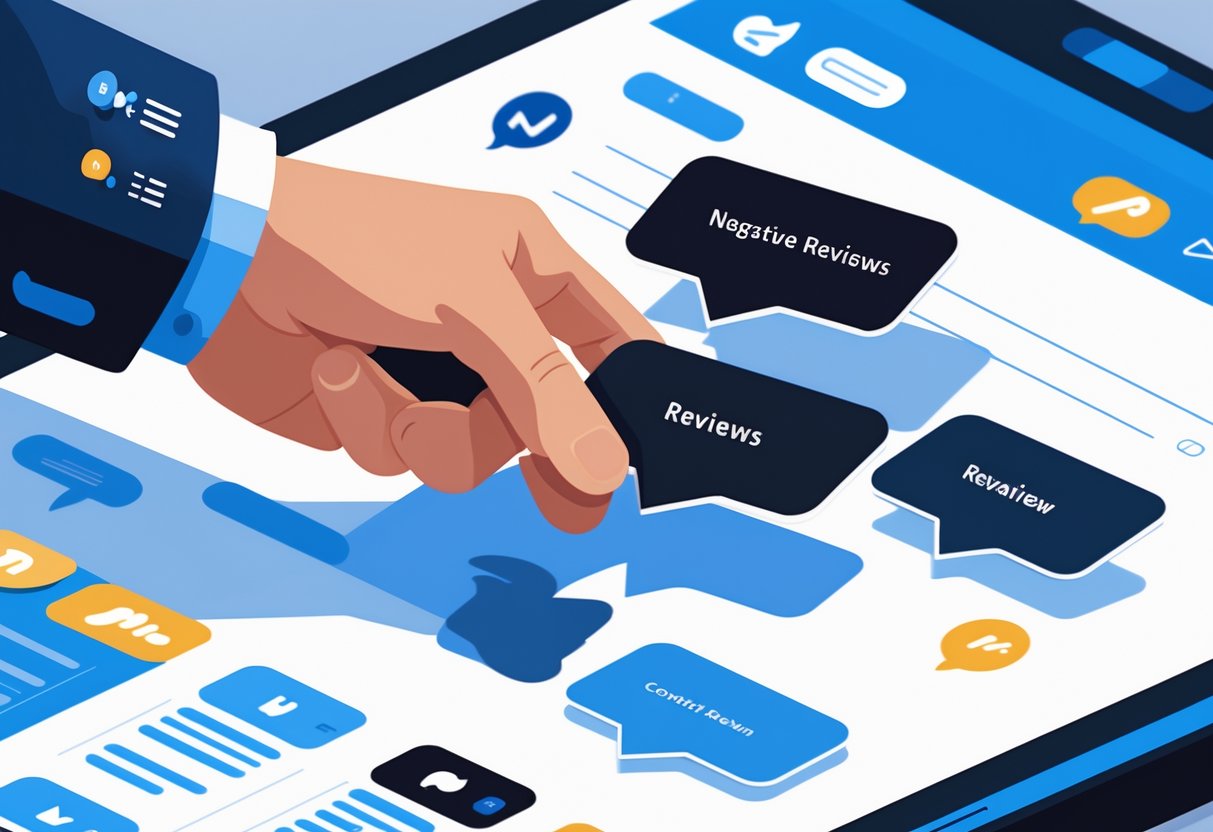 A large hand removing dark speech bubbles from a digital social media feed while bright speech bubbles remain visible.