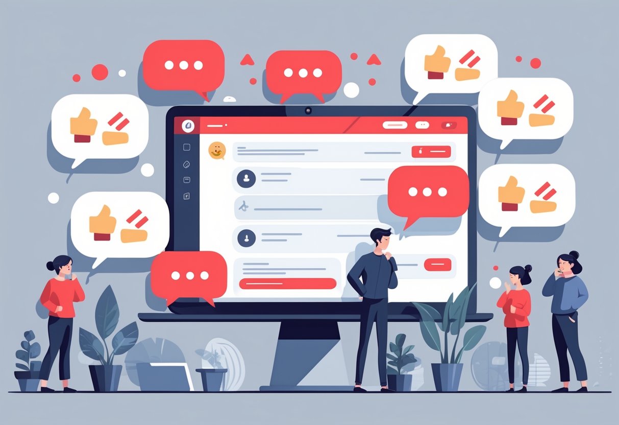A digital screen showing abstract negative comments with icons and diverse people reacting thoughtfully around it.