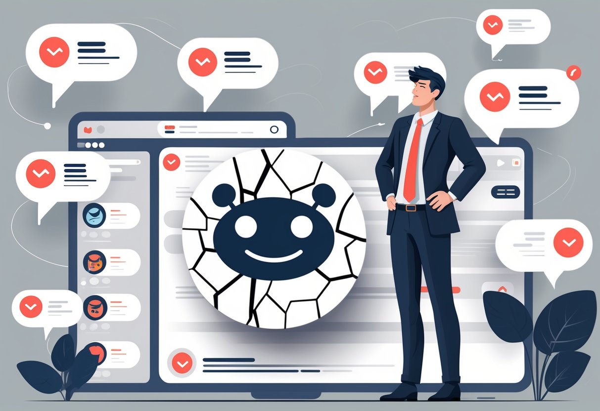 A person looking worried next to a damaged brand logo surrounded by negative comment bubbles and social media icons.