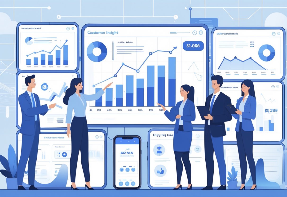 A group of business professionals analyzing digital charts and data related to ecommerce customer behavior in a modern office.