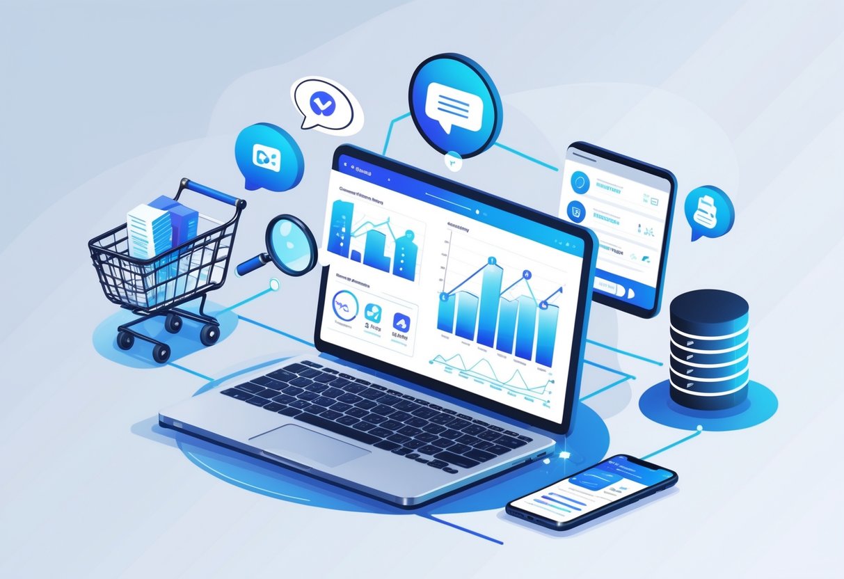 A laptop surrounded by icons representing shopping carts, chat bubbles, web analytics, social media, and databases, all connected to illustrate gathering customer data for ecommerce growth.