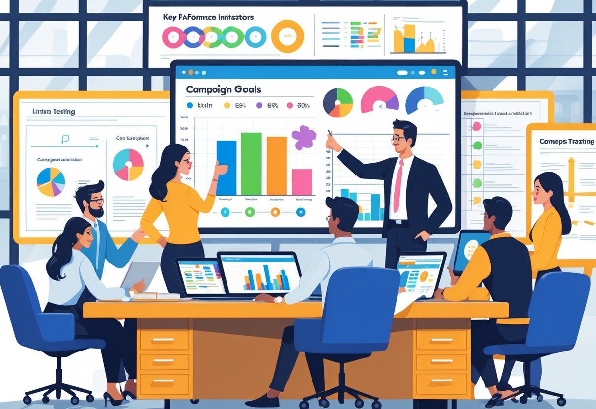 A team of marketing professionals discussing campaign goals and testing strategies around a table with charts and digital devices in an office.