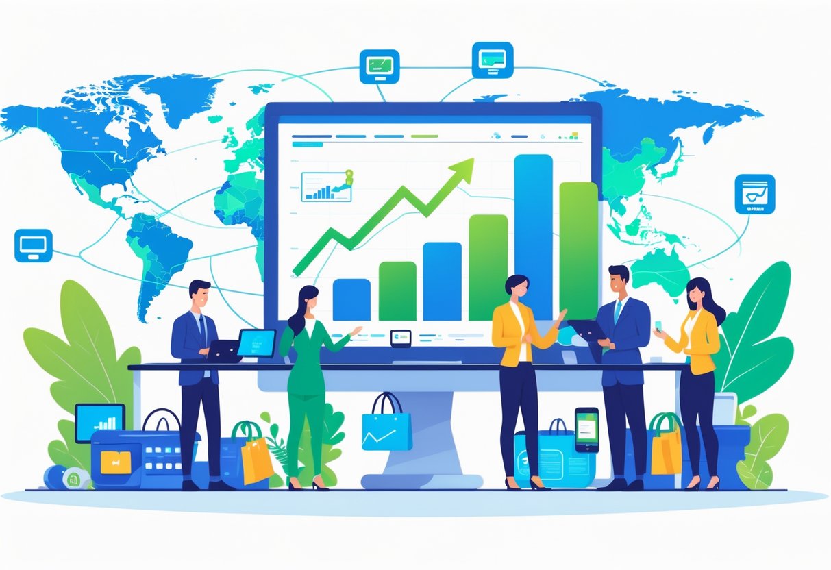 Business professionals analyzing growth charts and ecommerce icons in a digital workspace representing online business expansion.
