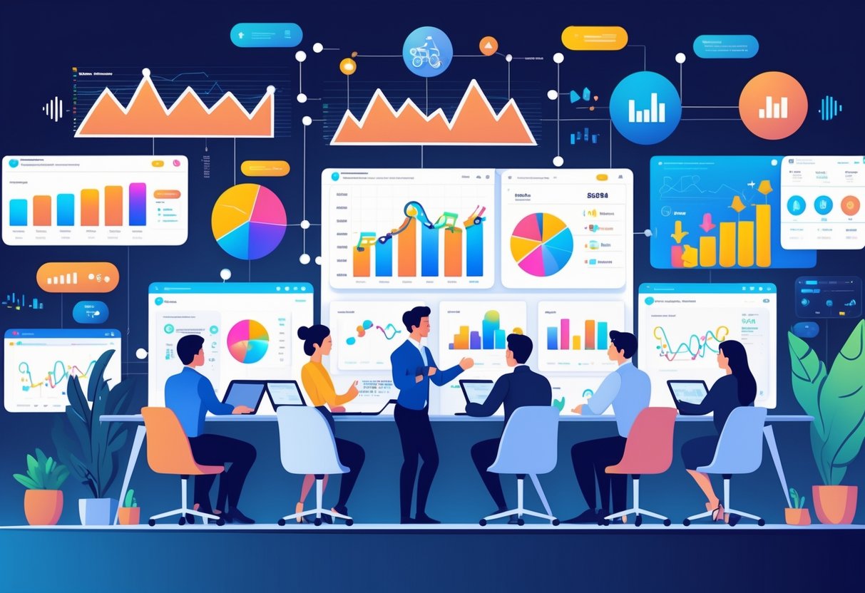 A team of professionals collaborating around a table with digital screens showing charts and data related to e-commerce growth.