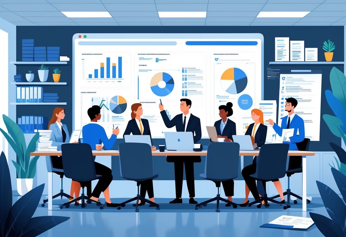 A group of business professionals analyzing customer feedback and pain points in a conference room with charts and notes on a digital whiteboard.