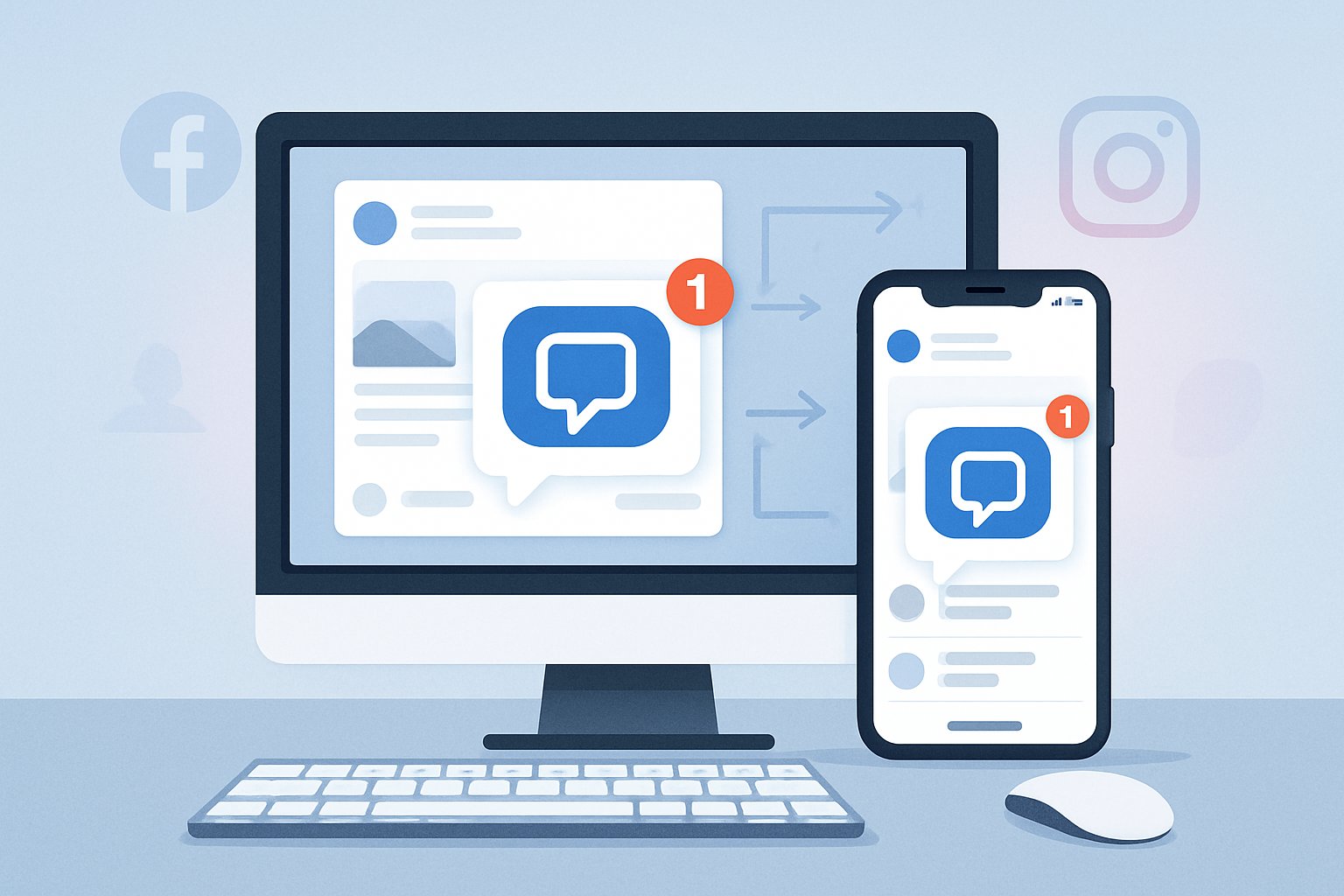 A desktop computer and smartphone showing user interfaces with comment icons and notifications for Facebook and Instagram ads, set on a clean desk with social media symbols in the background.