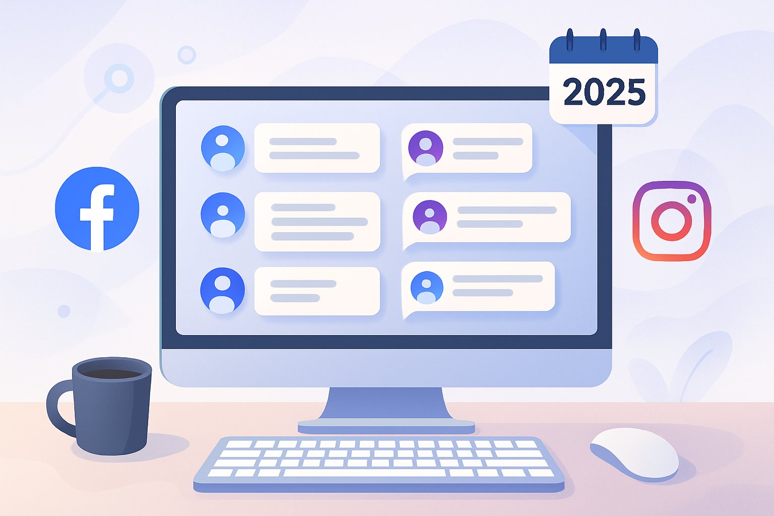 A computer screen showing multiple social media comment bubbles and user icons, with Facebook and Instagram symbols nearby, set in a modern workspace environment.