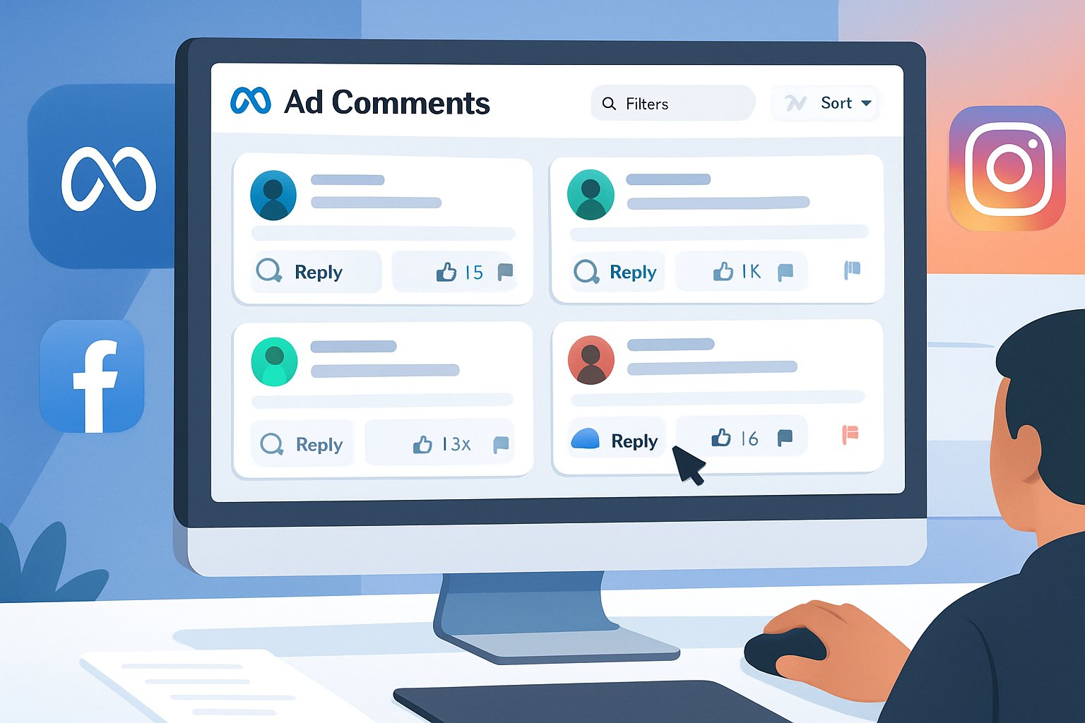 A person at a desk managing multiple comment threads on a computer screen showing a dashboard for organizing Facebook and Instagram ad comments.