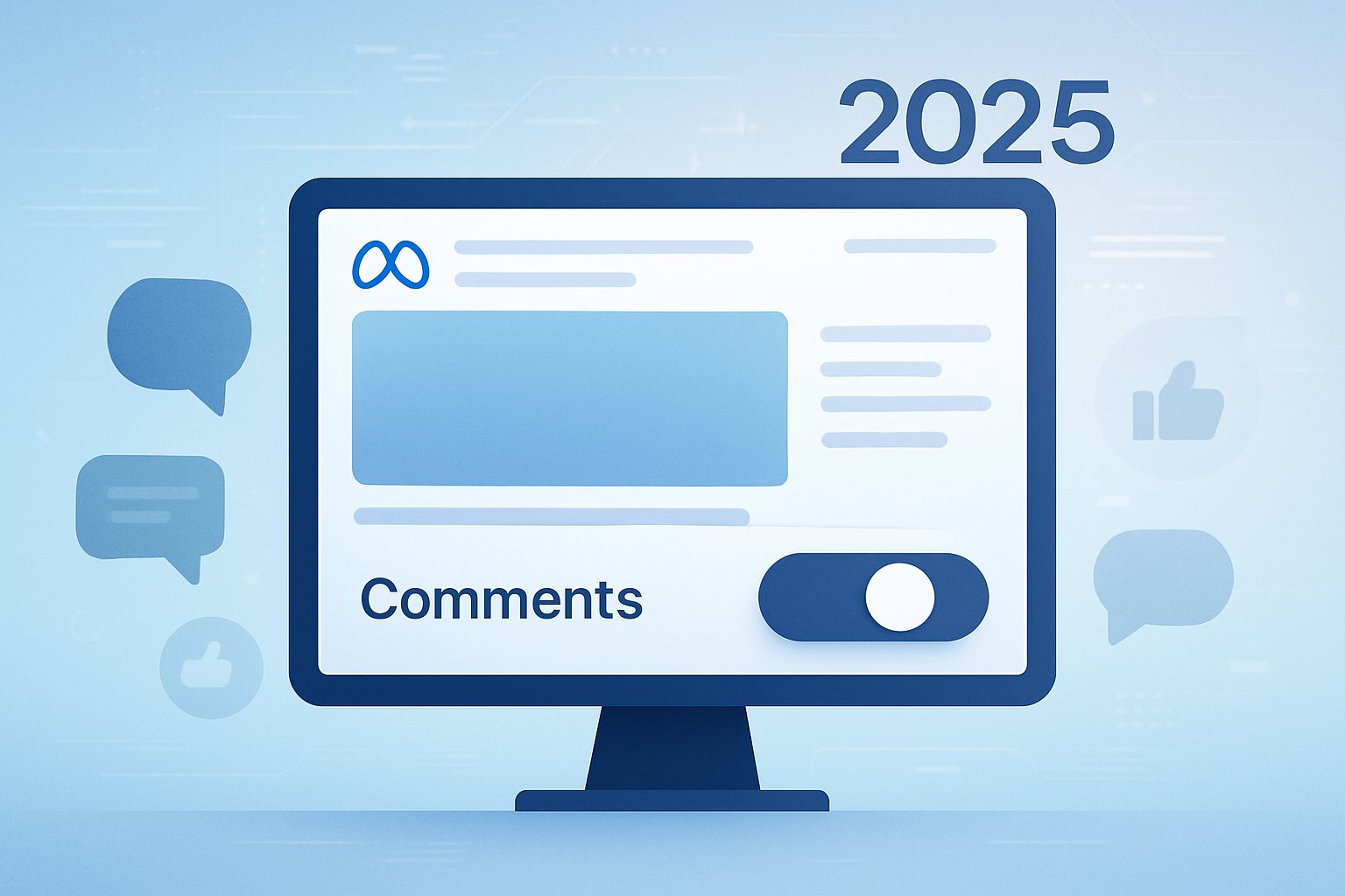 A computer screen showing a Meta ad interface with a toggle switch turned off, surrounded by fading comment icons.