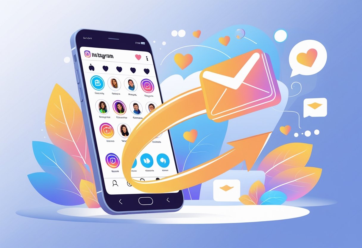 A smartphone showing Instagram profiles with a glowing arrow transforming into an email envelope, symbolizing followers becoming newsletter subscribers.