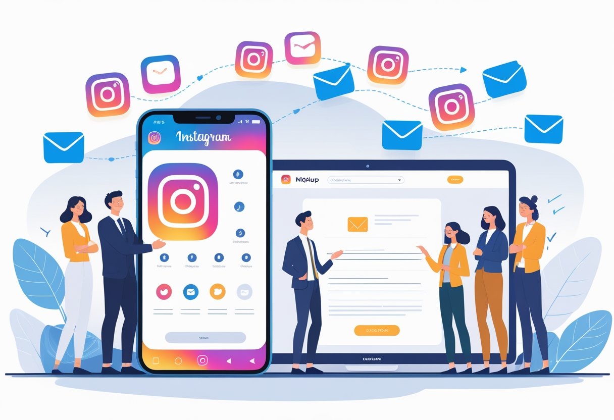 People interacting with a smartphone showing Instagram followers turning into email icons flowing into a laptop representing newsletter signups.