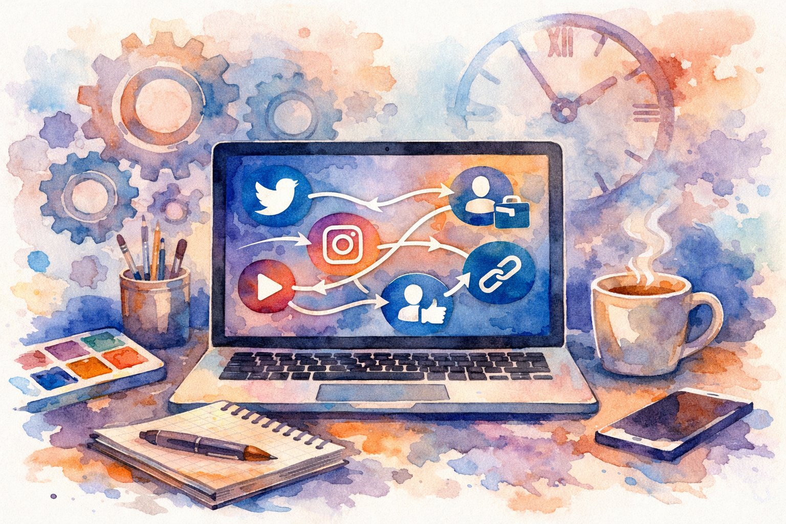 A workspace with a laptop showing interconnected social media icons linked by flowing lines, surrounded by abstract gears and clock elements representing automation and efficiency.