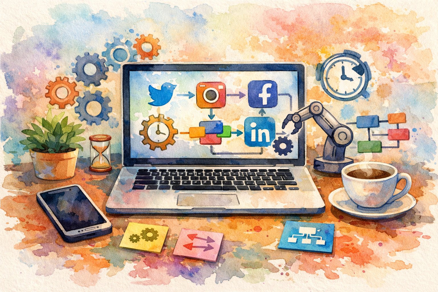 A workspace with a laptop showing social media icons connected by flowcharts, surrounded by symbols of automation like gears and clocks, along with a smartphone and coffee cup.