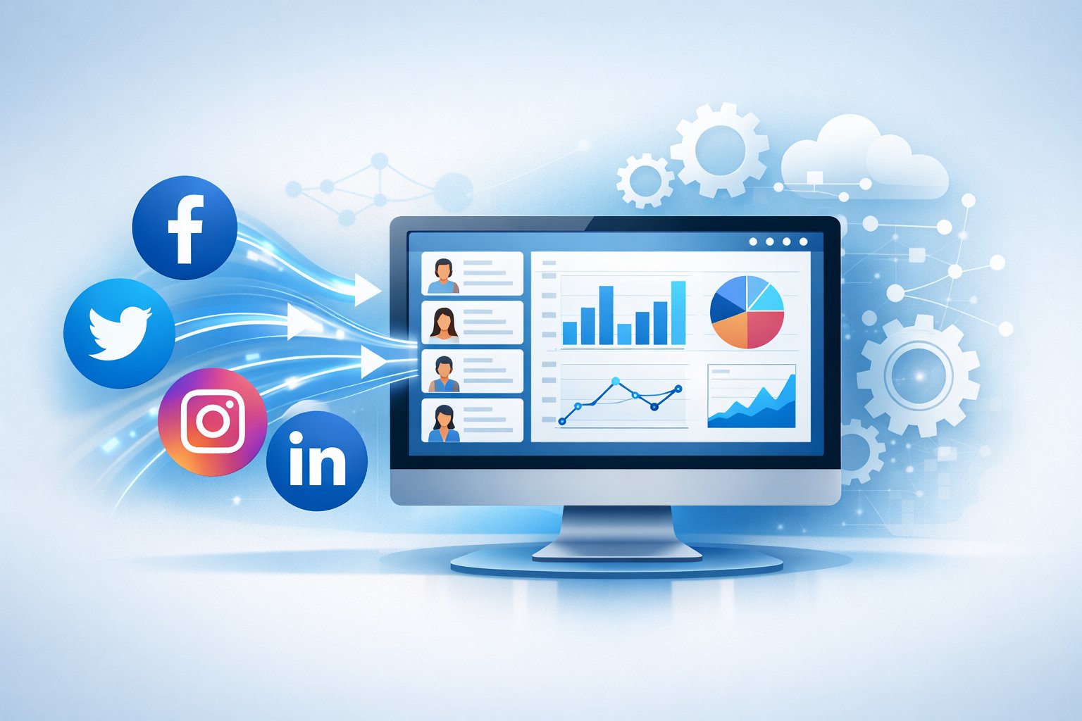 A computer screen showing a CRM dashboard connected to social media icons by flowing lines, representing automated data transfer from social platforms to CRM.