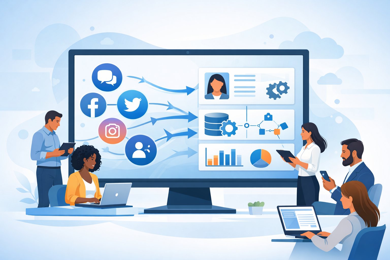 A digital workspace showing social media icons connected by arrows to customer profiles and data charts on a computer screen, with professionals using devices around it.