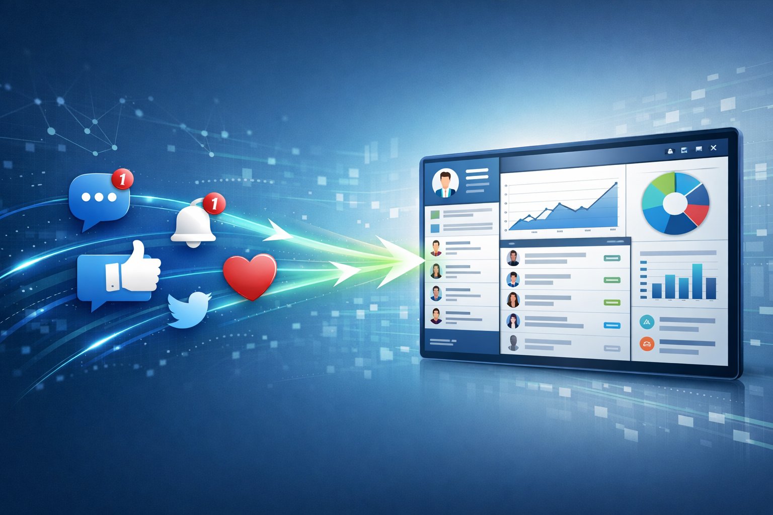 Illustration showing social media icons connected by arrows to a CRM dashboard with customer profiles and analytics, representing automation and data flow.