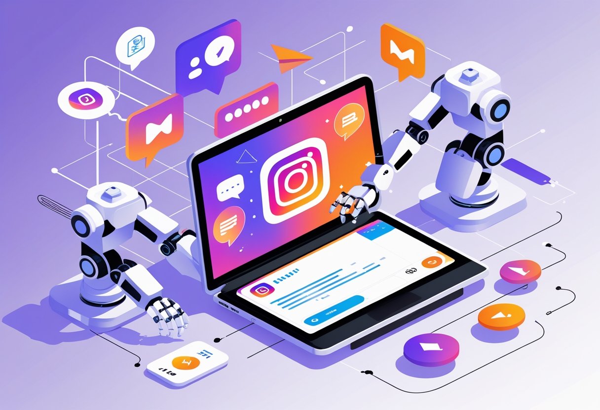 A digital workspace showing a laptop with Instagram direct messages and robotic arms automating message replies, surrounded by icons representing automation and communication.
