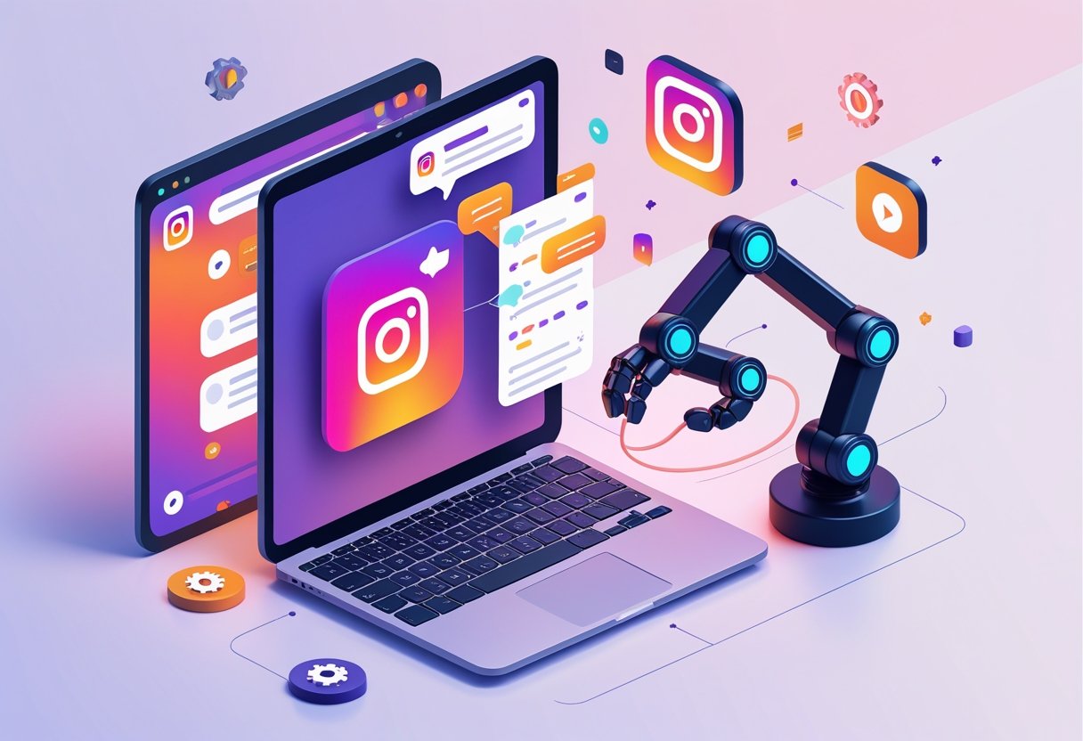 An isometric illustration of a workspace with a laptop showing Instagram direct messages and a robotic arm symbolizing automation connected to the laptop, surrounded by icons of messages, gears, and notifications.