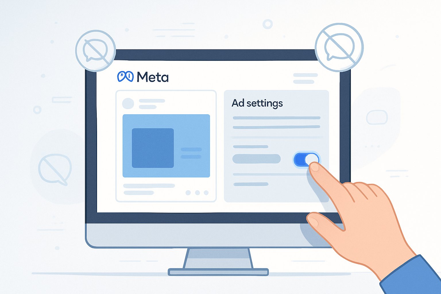 A person interacting with a computer screen showing ad settings, turning off comments on a Meta ads platform.