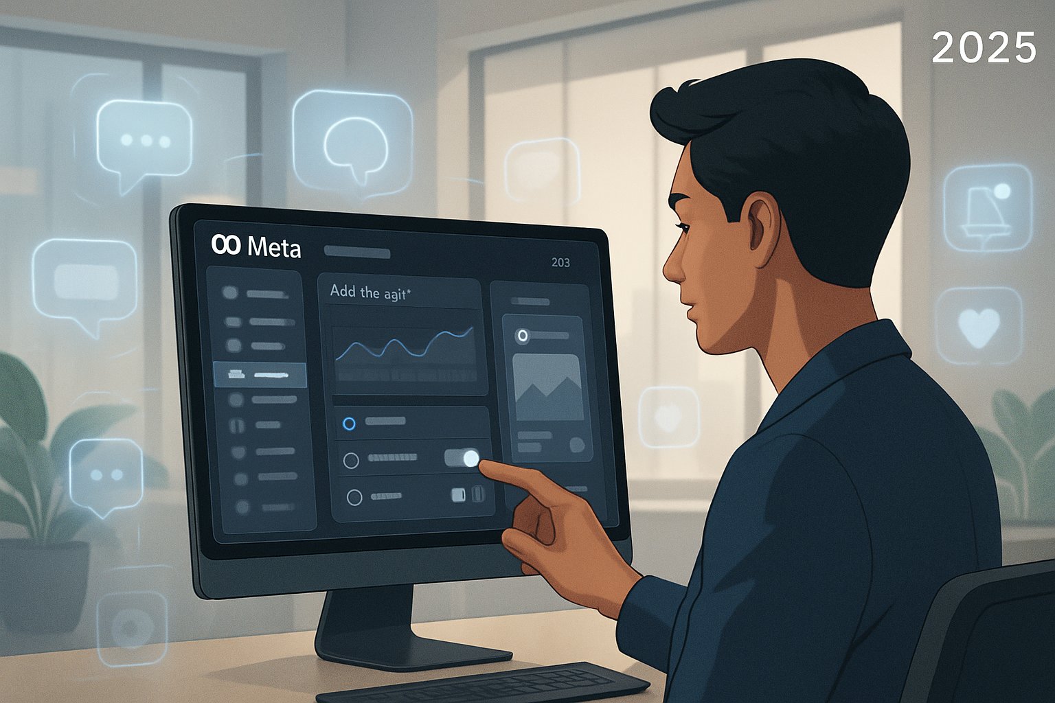 A person at a modern workspace turning off comments on a Meta ads dashboard on a computer screen.