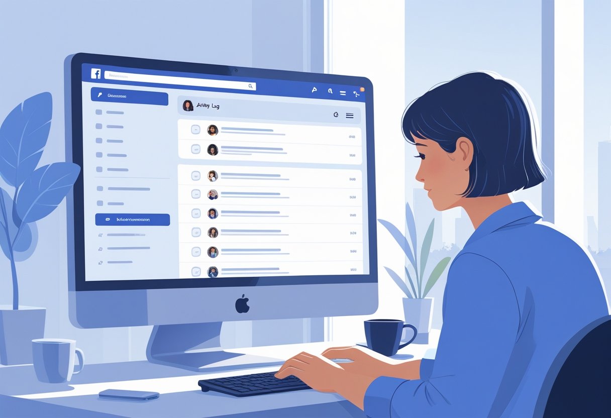 A person sitting at a desk managing Facebook comments on a computer screen showing the Activity Log with options to delete comments.