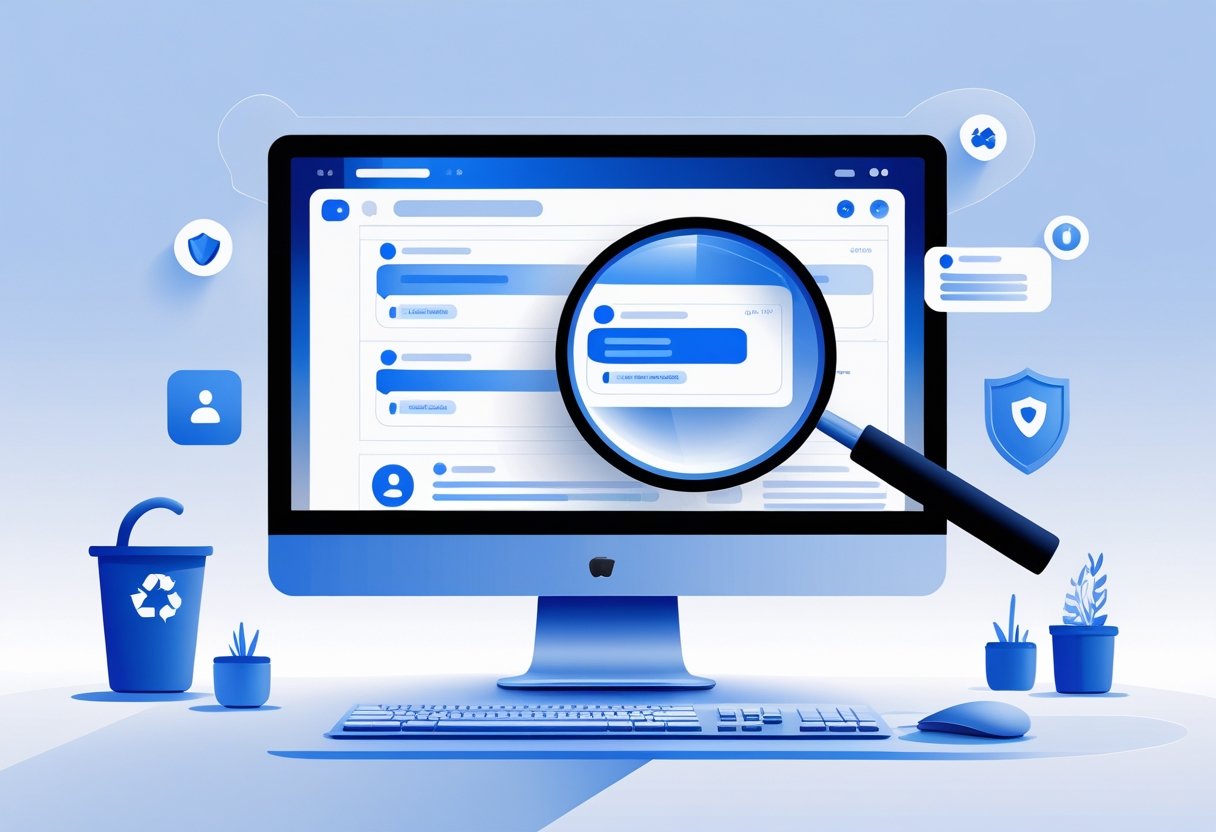 A computer screen showing a social media comments section with some comments faded, a magnifying glass highlighting a faded comment, and icons representing recovery and security around the screen.