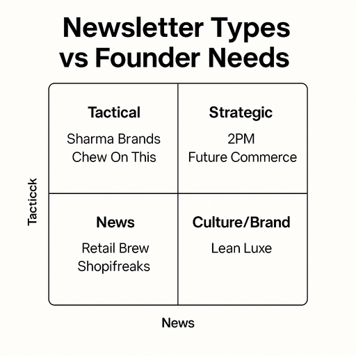 Chart showing ecommerce newsletters organized by tactical, strategic, news, and culture.
